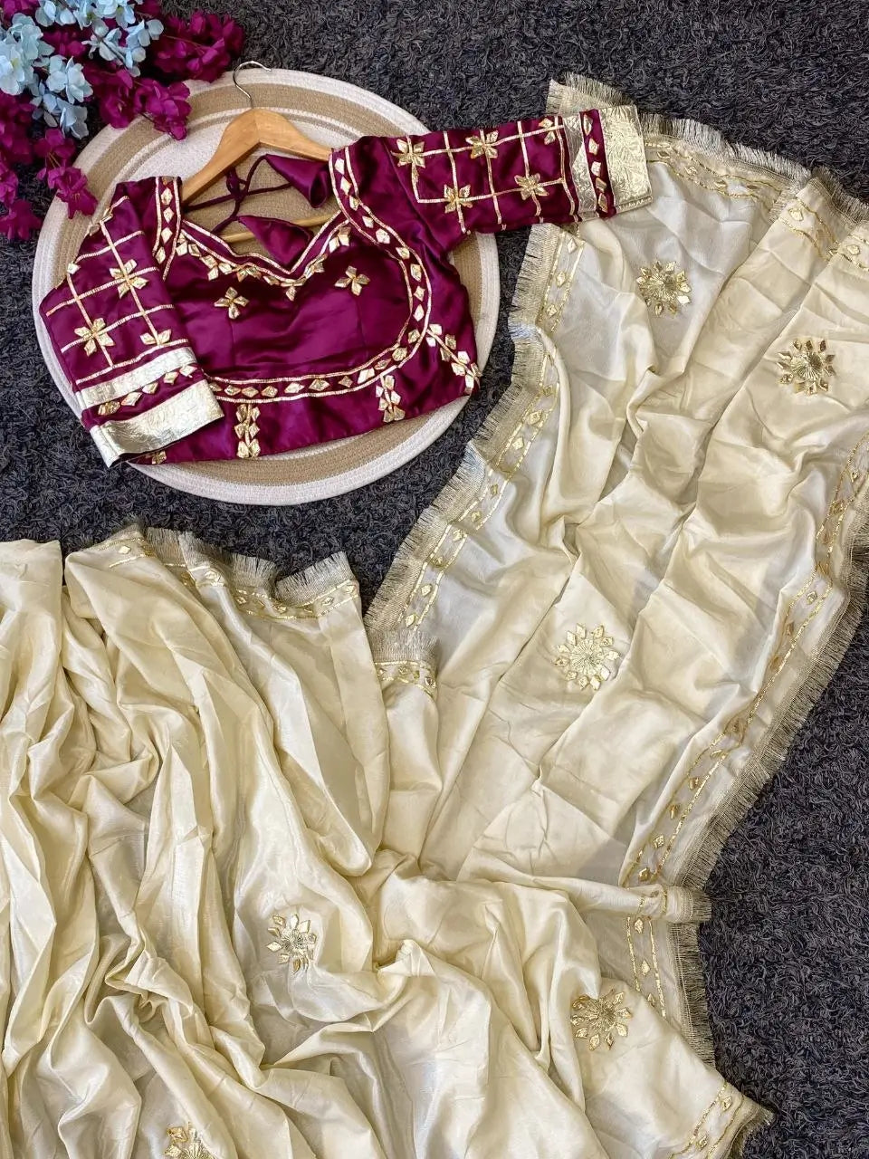 Cream Chinon Saree with Kachi Gota patti HandWork & Satin Aangi work Blouse