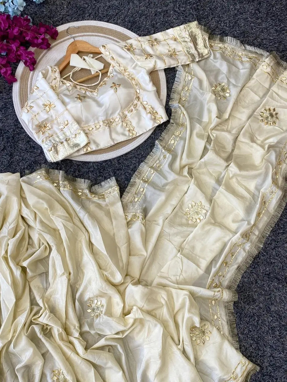 Cream Chinon Saree with Kachi Gota patti HandWork & Satin Aangi work Blouse