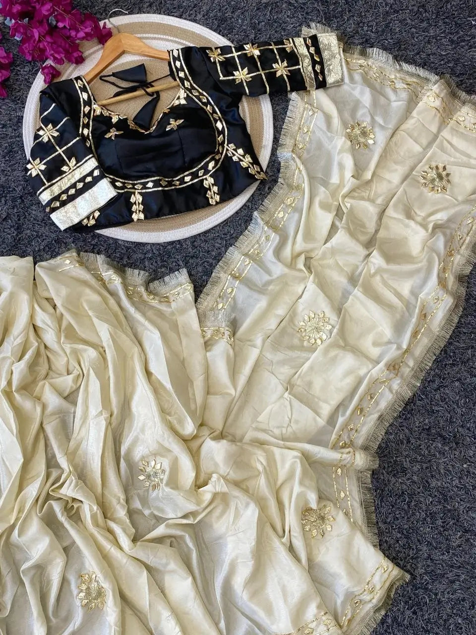 Cream Chinon Saree with Kachi Gota patti HandWork & Satin Aangi work Blouse