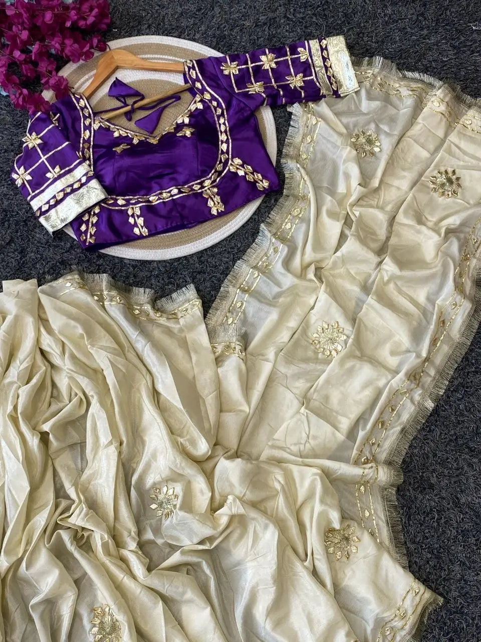 Cream Chinon Saree with Kachi Gota patti HandWork & Satin Aangi work Blouse