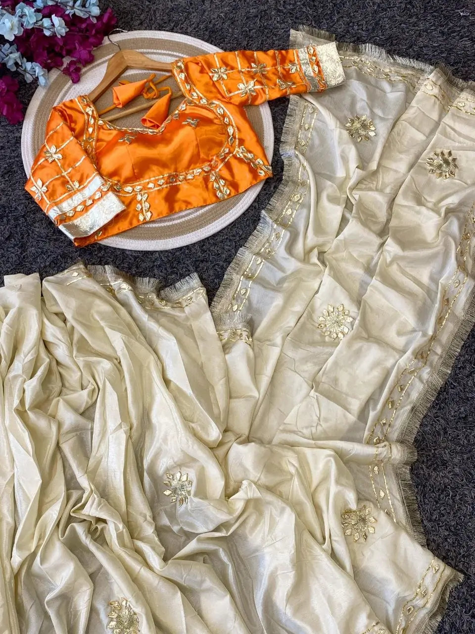 Cream Chinon Saree with Kachi Gota patti HandWork & Satin Aangi work Blouse
