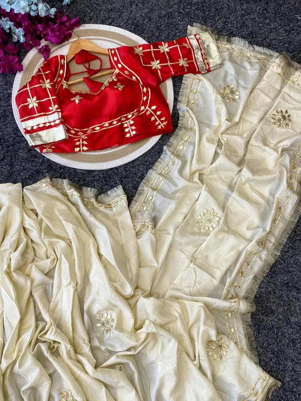 Cream Chinon Saree with Kachi Gota patti HandWork & Satin Aangi work Blouse