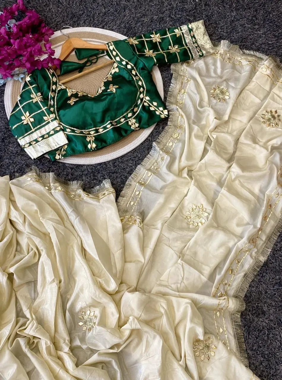 Cream Chinon Saree with Kachi Gota patti HandWork & Satin Aangi work Blouse