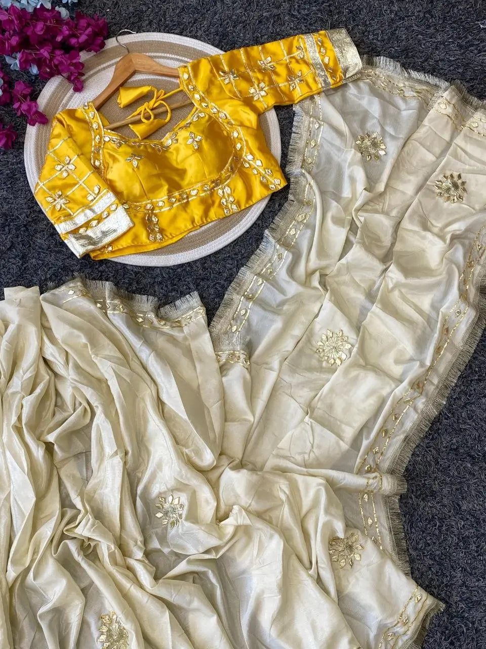 Cream Chinon Saree with Kachi Gota patti HandWork & Satin Aangi work Blouse