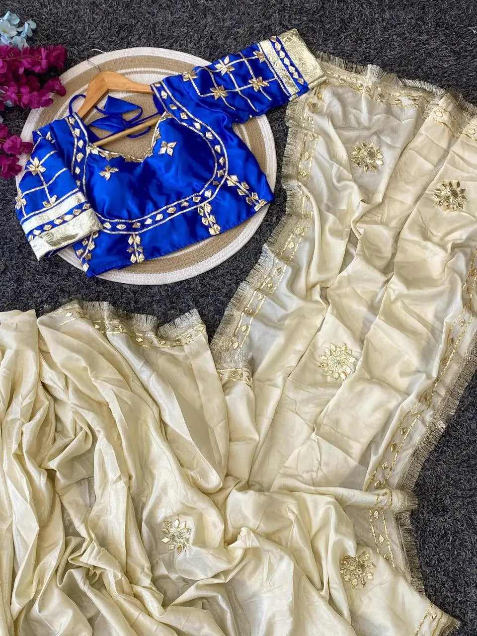 Cream Chinon Saree with Kachi Gota patti HandWork & Satin Aangi work Blouse