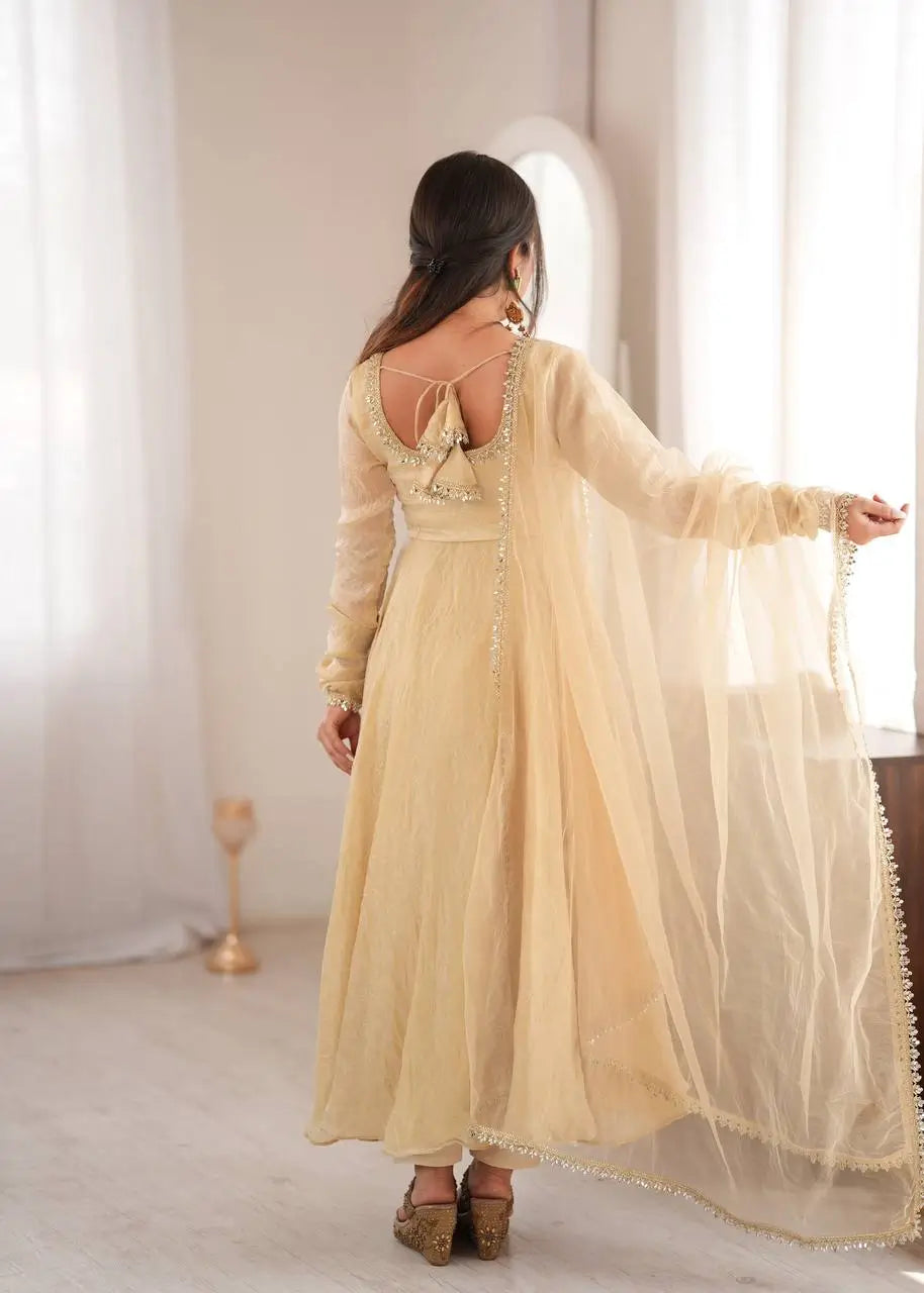 Cream Crush Tissue Anarkali Gown Set