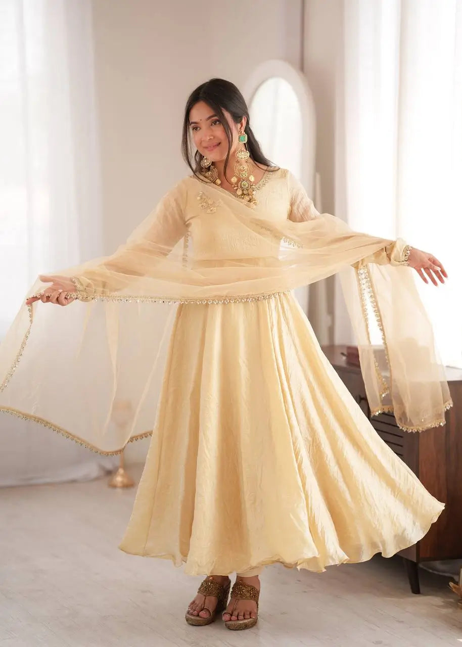 Cream Crush Tissue Anarkali Gown Set