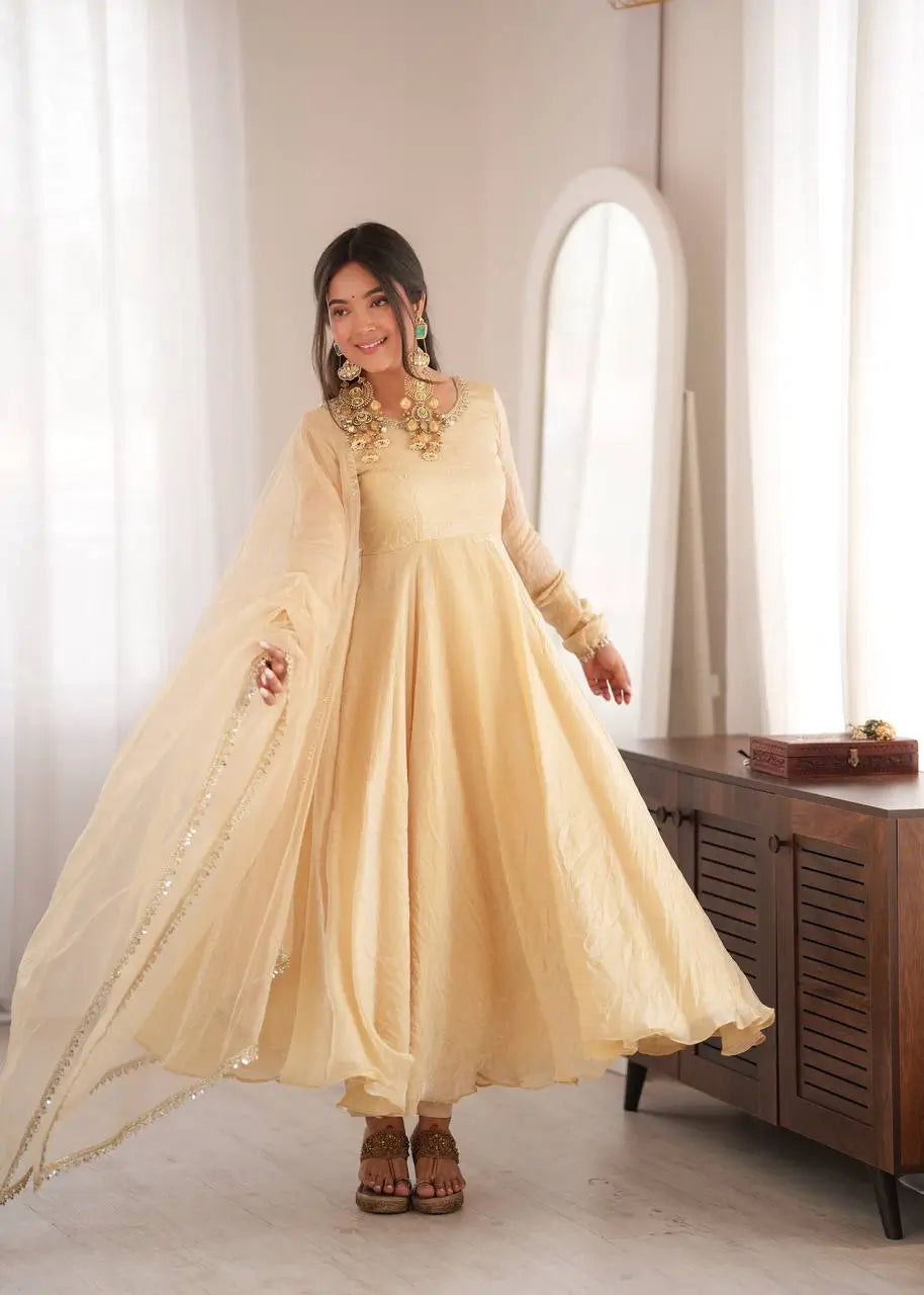 Cream Crush Tissue Anarkali Gown Set