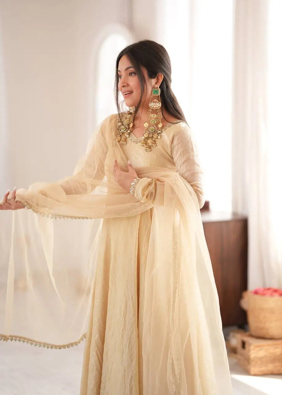 Cream Crush Tissue Anarkali Gown Set