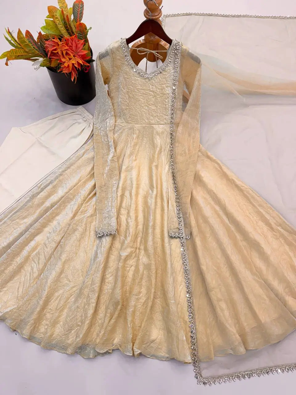 Cream Crush Tissue Anarkali Gown Set