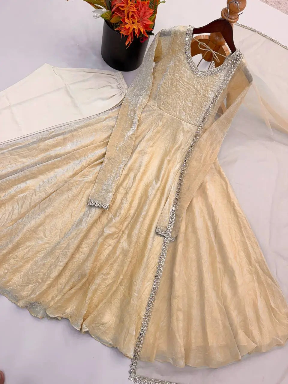 Cream Crush Tissue Anarkali Gown Set