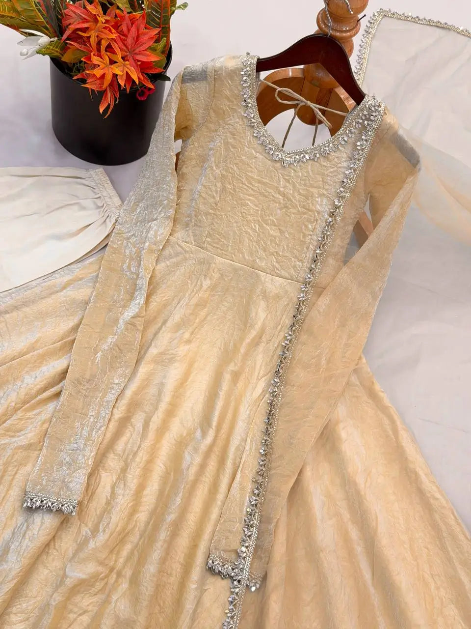 Cream Crush Tissue Anarkali Gown Set