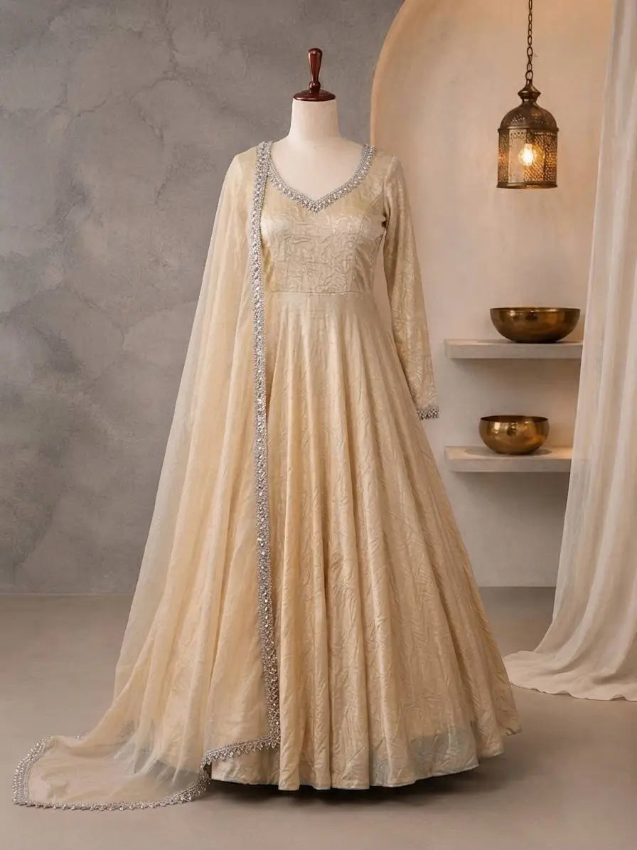 Cream Crush Tissue Anarkali Gown Set