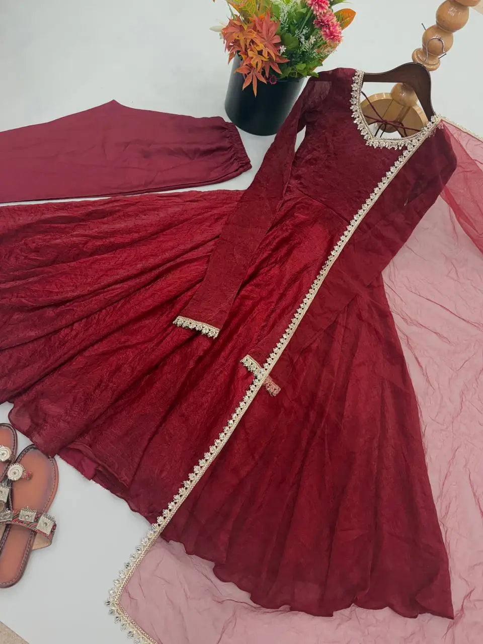 Cream Crush Tissue Anarkali Gown Set