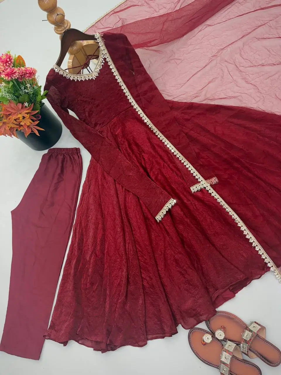 Cream Crush Tissue Anarkali Gown Set
