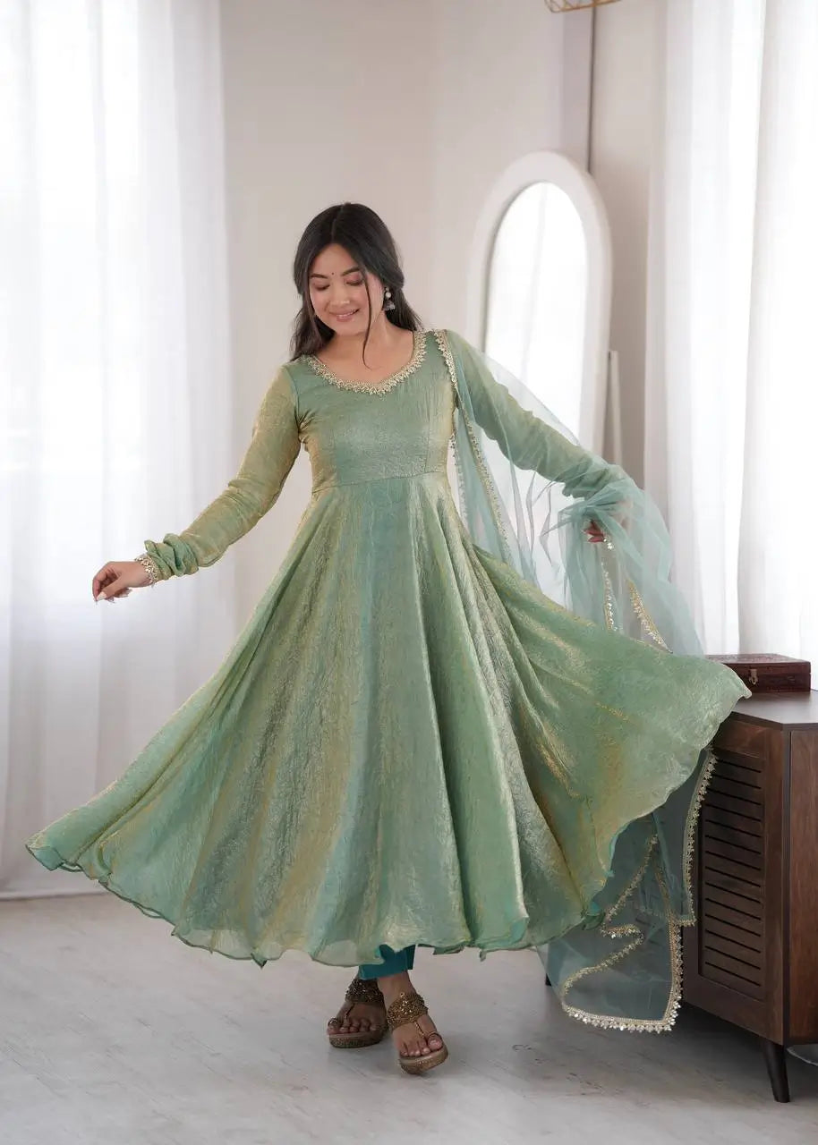 Cream Crush Tissue Anarkali Gown Set