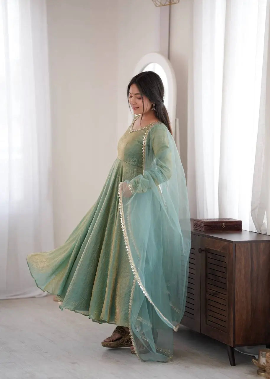 Cream Crush Tissue Anarkali Gown Set