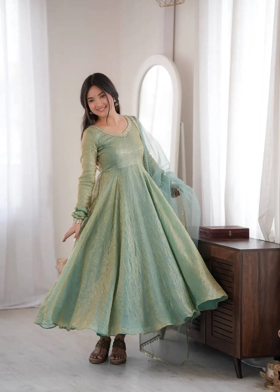 Cream Crush Tissue Anarkali Gown Set