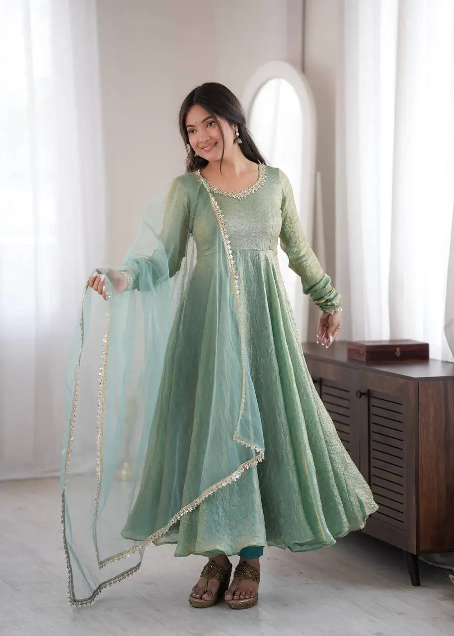 Cream Crush Tissue Anarkali Gown Set