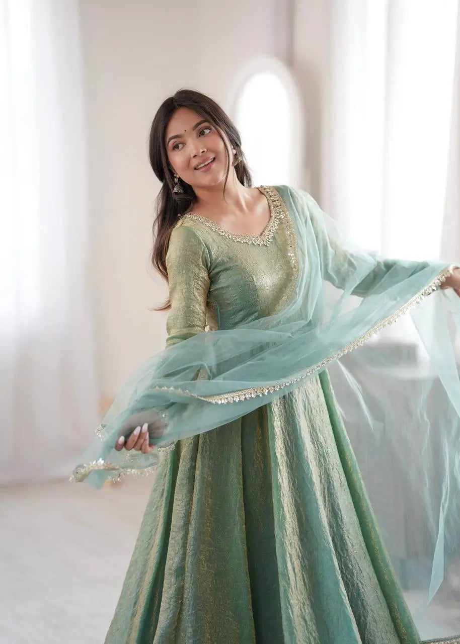 Cream Crush Tissue Anarkali Gown Set
