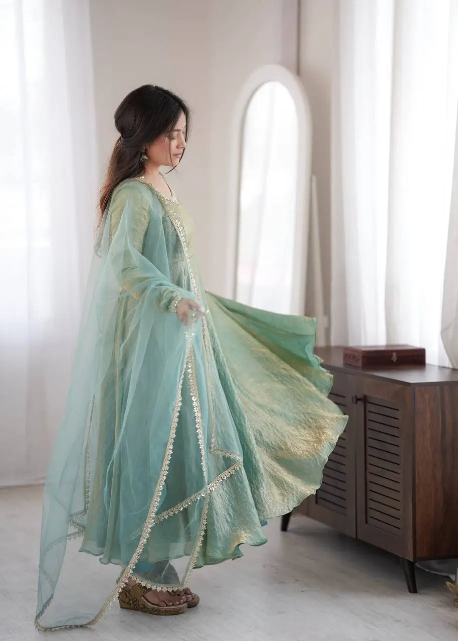 Cream Crush Tissue Anarkali Gown Set