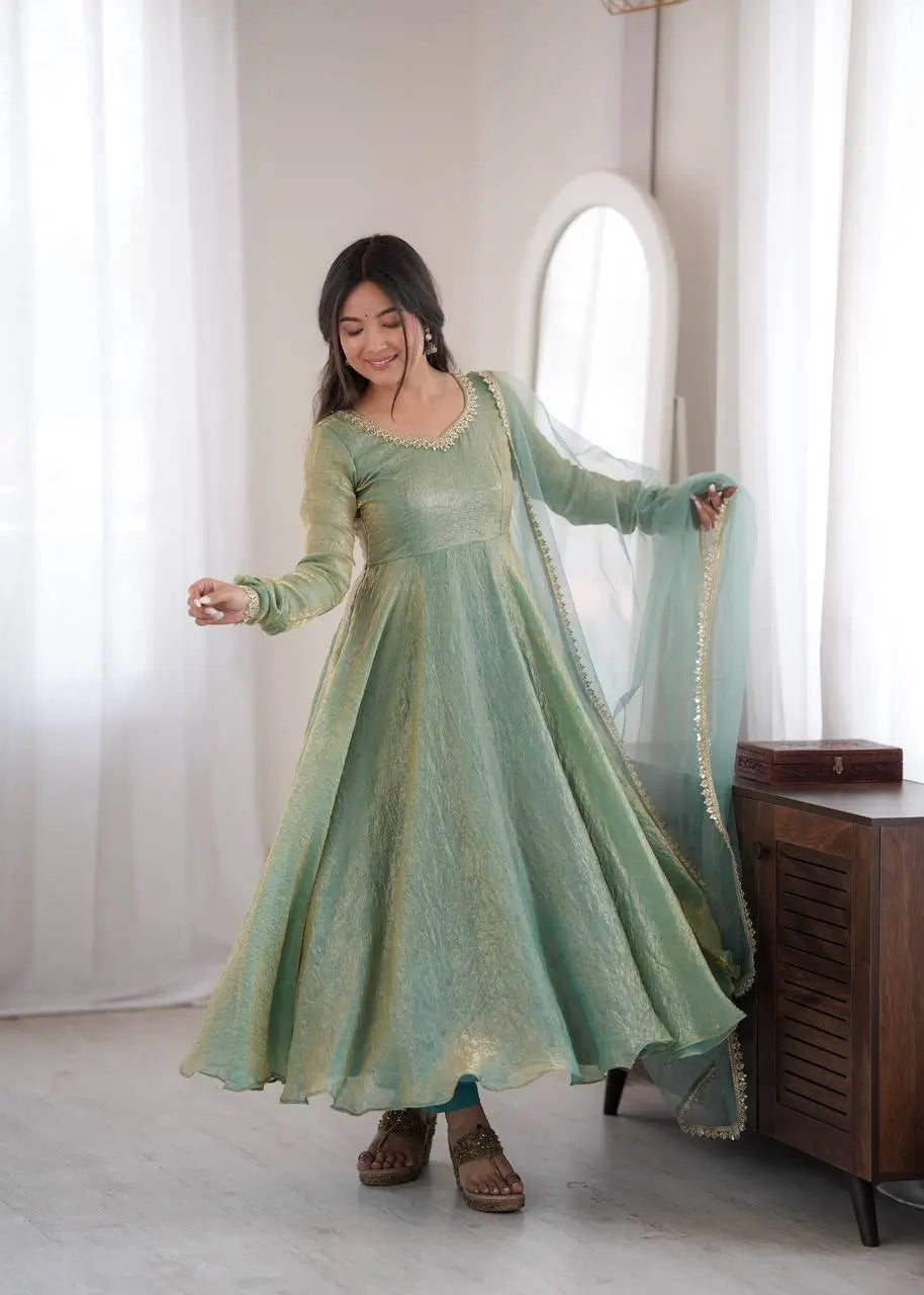 Cream Crush Tissue Anarkali Gown Set