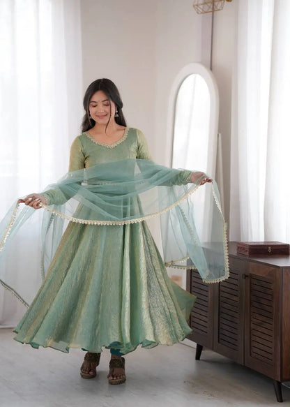 Cream Crush Tissue Anarkali Gown Set