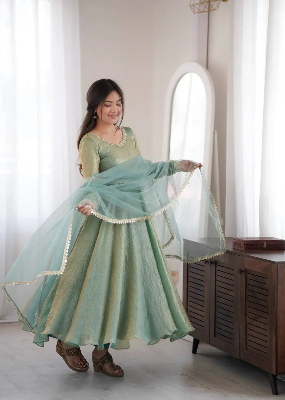 Cream Crush Tissue Anarkali Gown Set