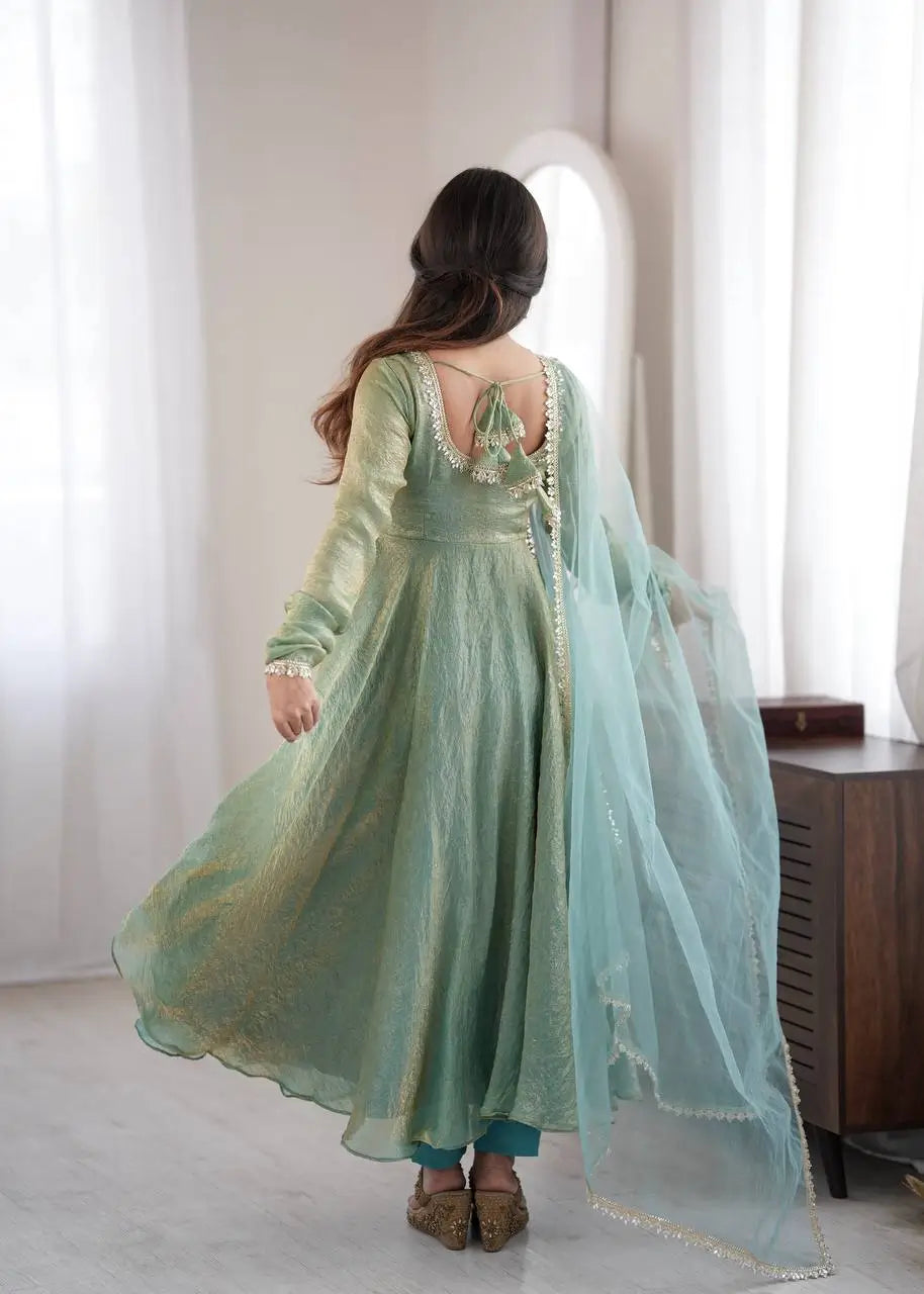 Cream Crush Tissue Anarkali Gown Set