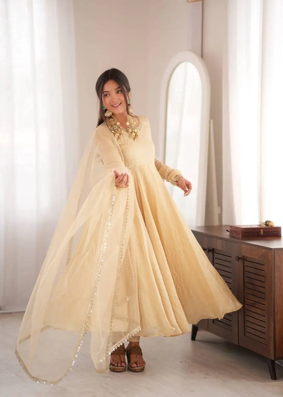 Cream Crush Tissue Anarkali Gown Set