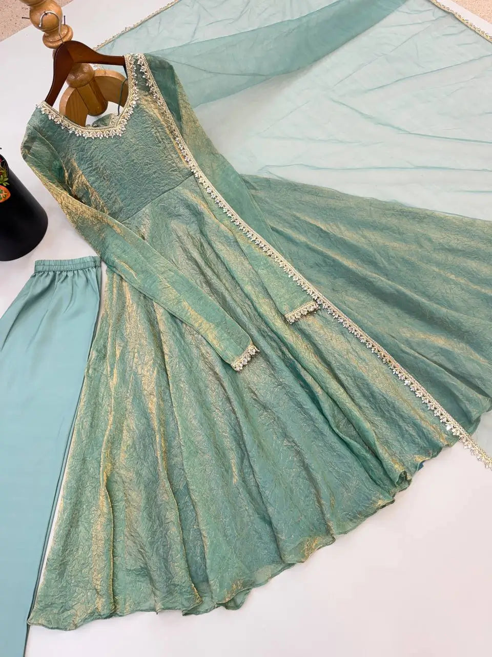 Cream Crush Tissue Anarkali Gown Set