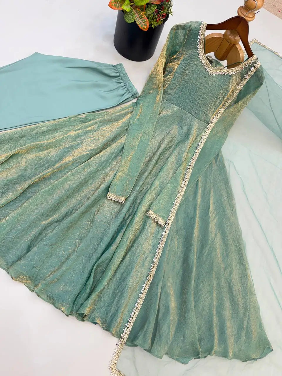 Cream Crush Tissue Anarkali Gown Set
