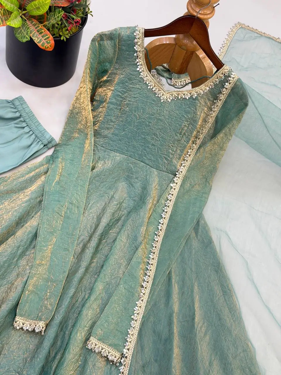 Cream Crush Tissue Anarkali Gown Set