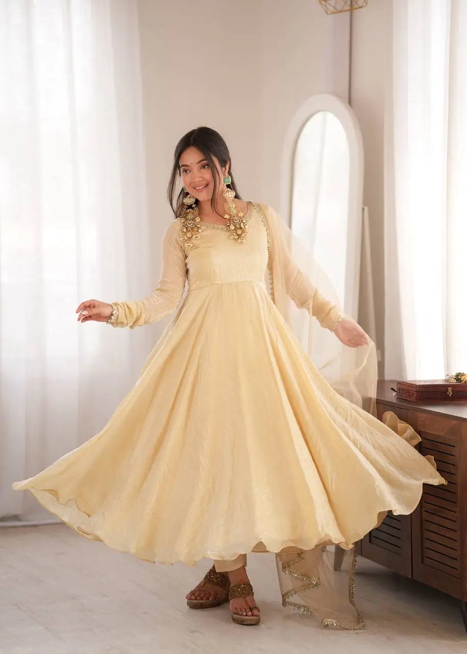 Cream Crush Tissue Anarkali Gown Set