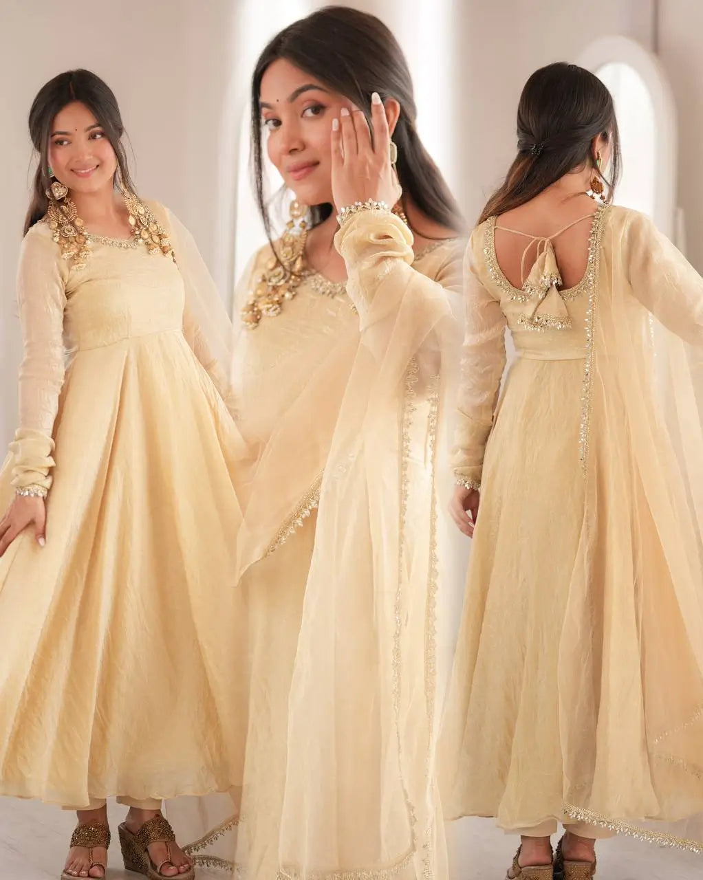 Cream Crush Tissue Anarkali Gown Set