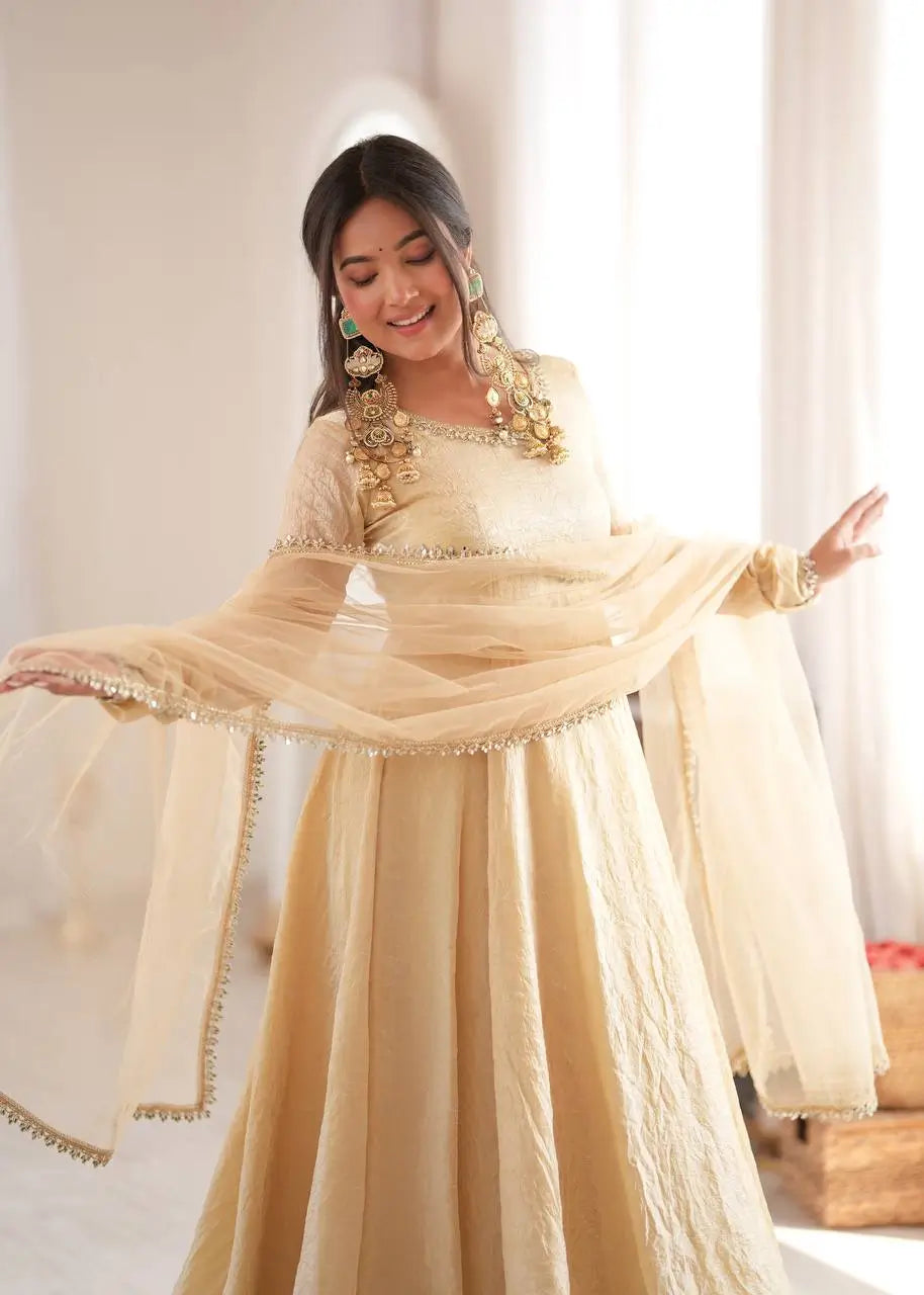 Cream Crush Tissue Anarkali Gown Set