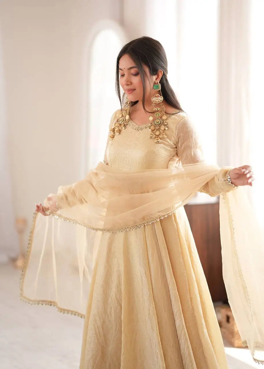 Cream Crush Tissue Anarkali Gown Set