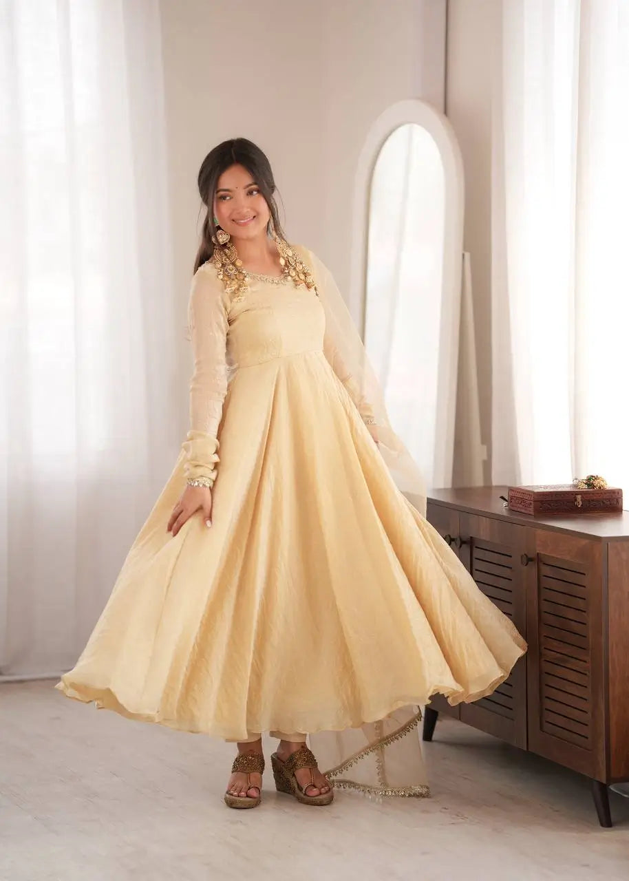Cream Crush Tissue Anarkali Gown Set