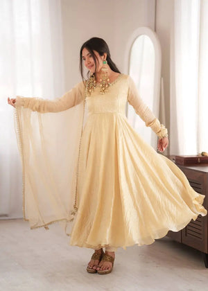 Cream Crush Tissue Anarkali Gown Set