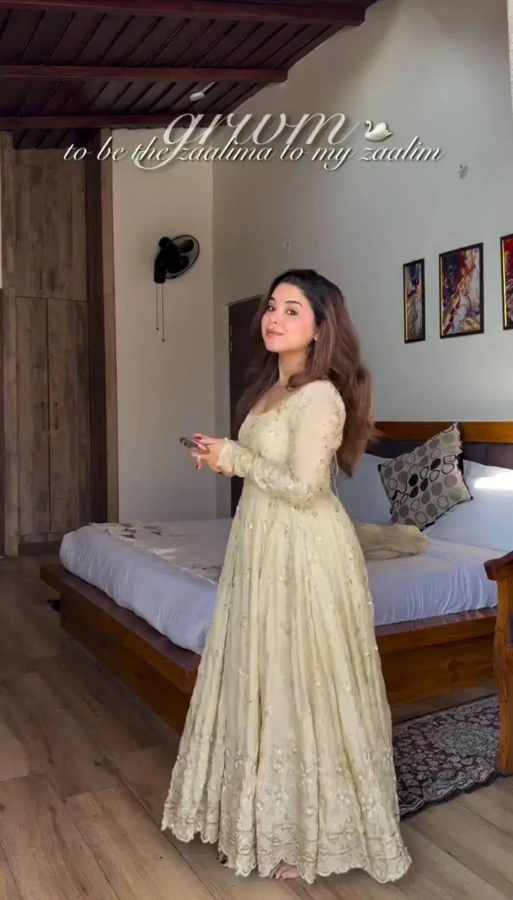 Cream Embroidered Crunchy Silk Anarkali Suit Set for Festive and Wedding Wear