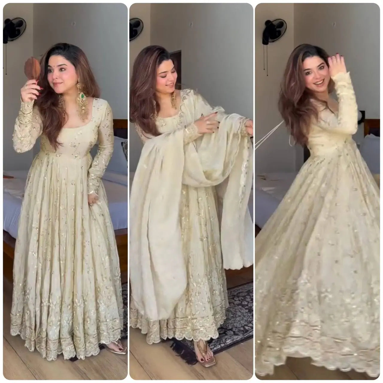 Cream Embroidered Crunchy Silk Anarkali Suit Set for Festive and Wedding Wear