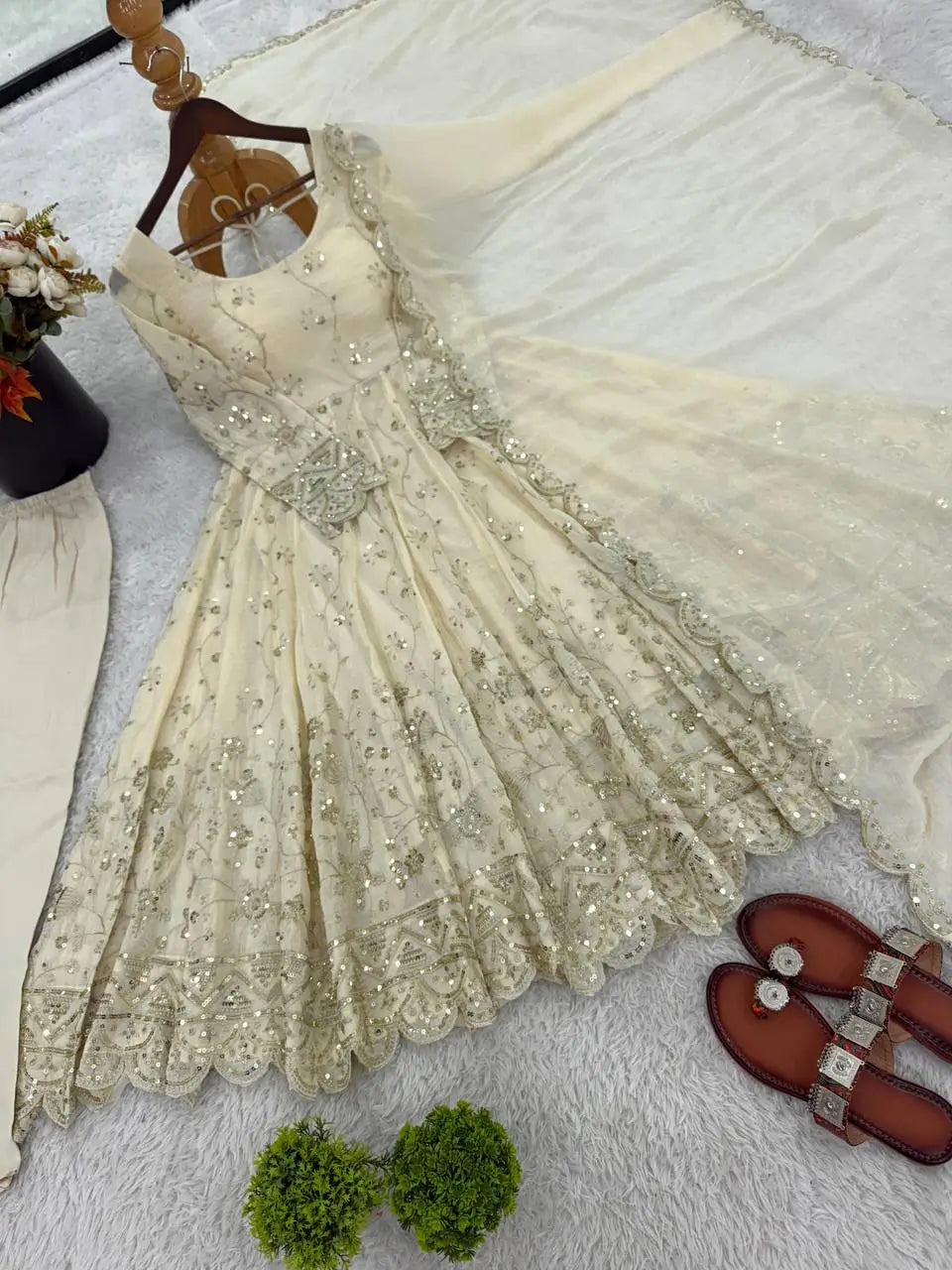 Cream Embroidered Crunchy Silk Anarkali Suit Set for Festive and Wedding Wear
