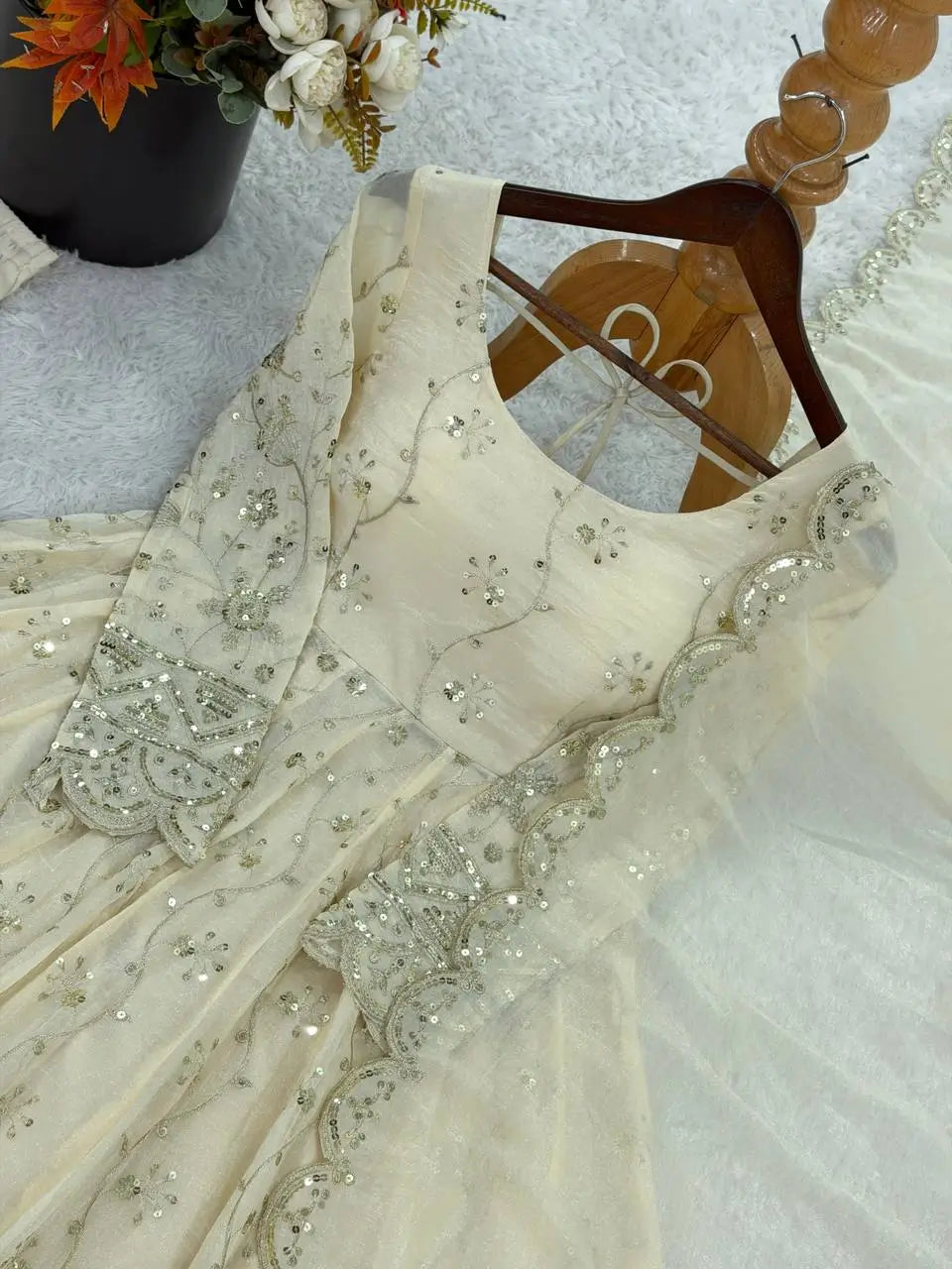 Cream Embroidered Crunchy Silk Anarkali Suit Set for Festive and Wedding Wear