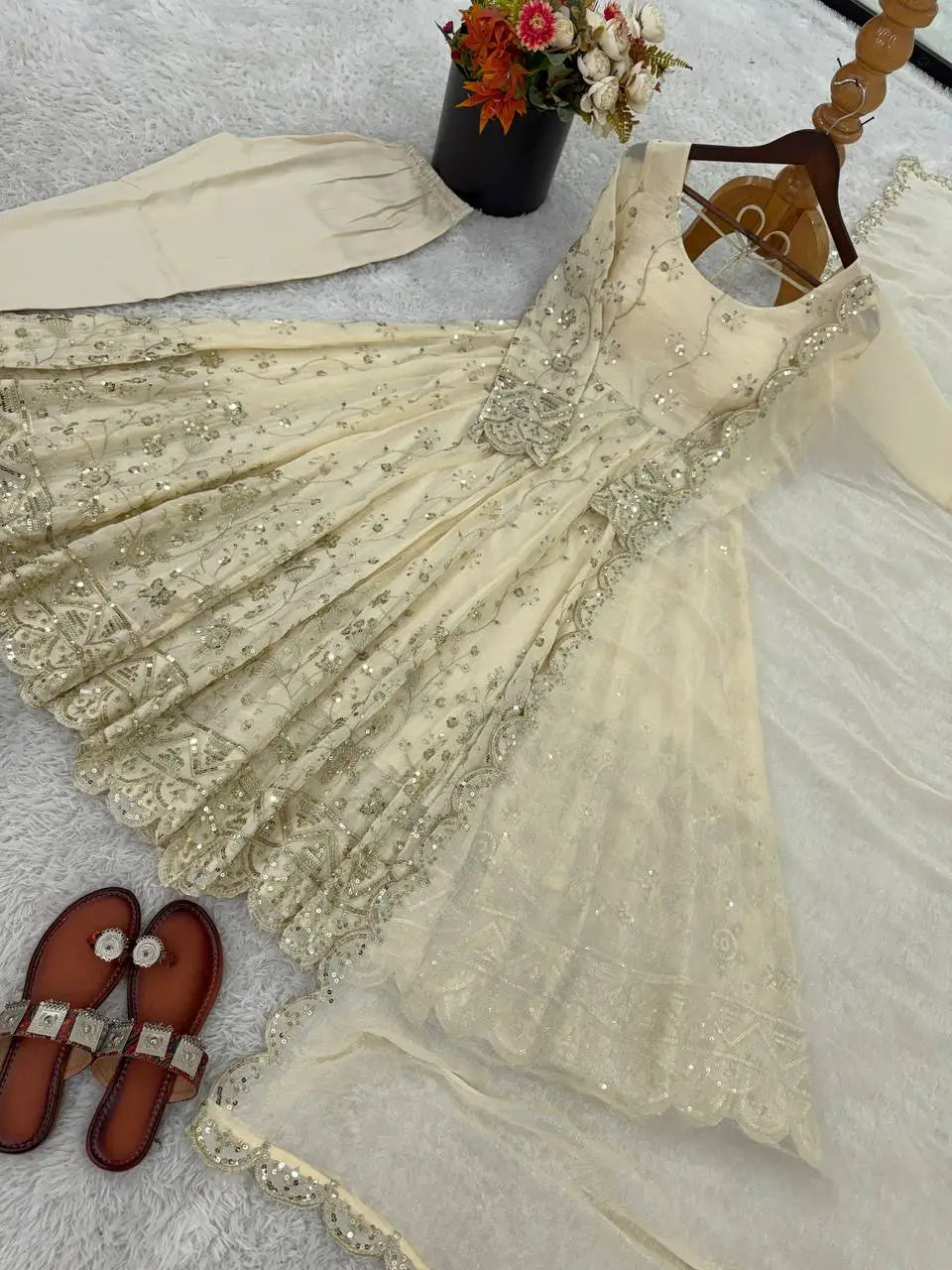 Cream Embroidered Crunchy Silk Anarkali Suit Set for Festive and Wedding Wear