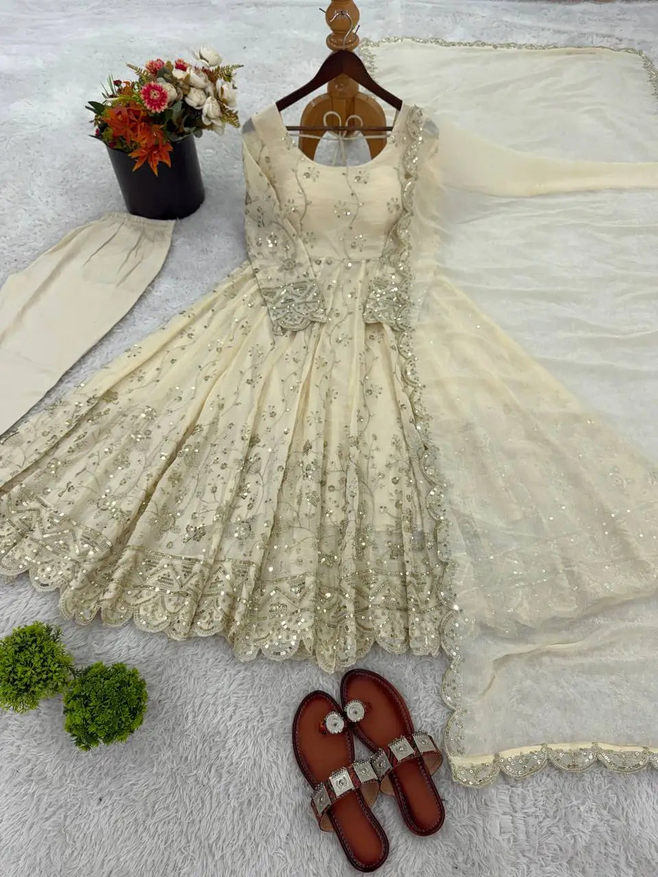 Cream Embroidered Crunchy Silk Anarkali Suit Set for Festive and Wedding Wear