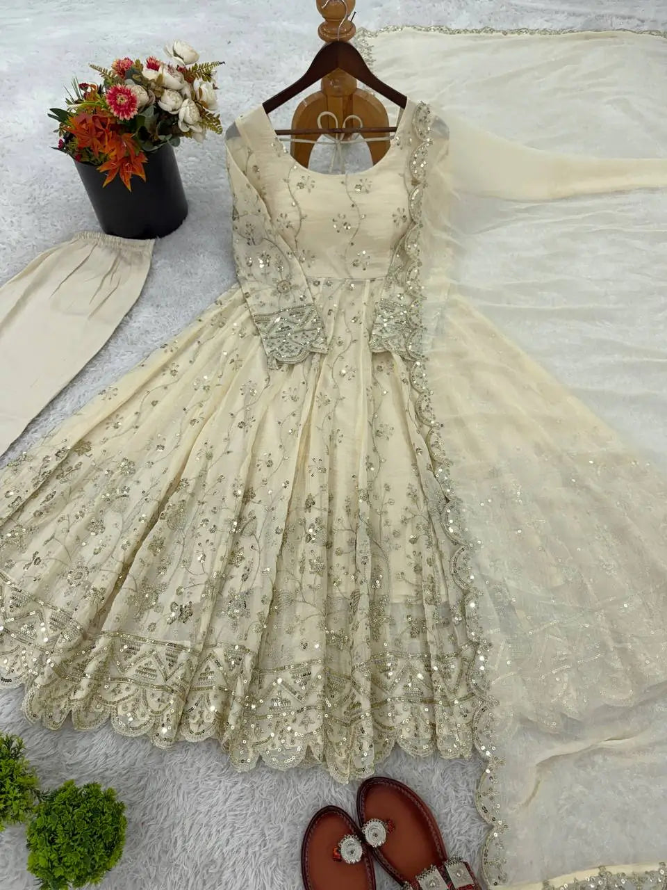 Cream Embroidered Crunchy Silk Anarkali Suit Set for Festive and Wedding Wear