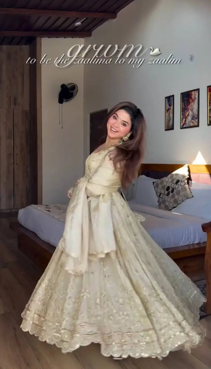 Cream Embroidered Crunchy Silk Anarkali Suit Set for Festive and Wedding Wear