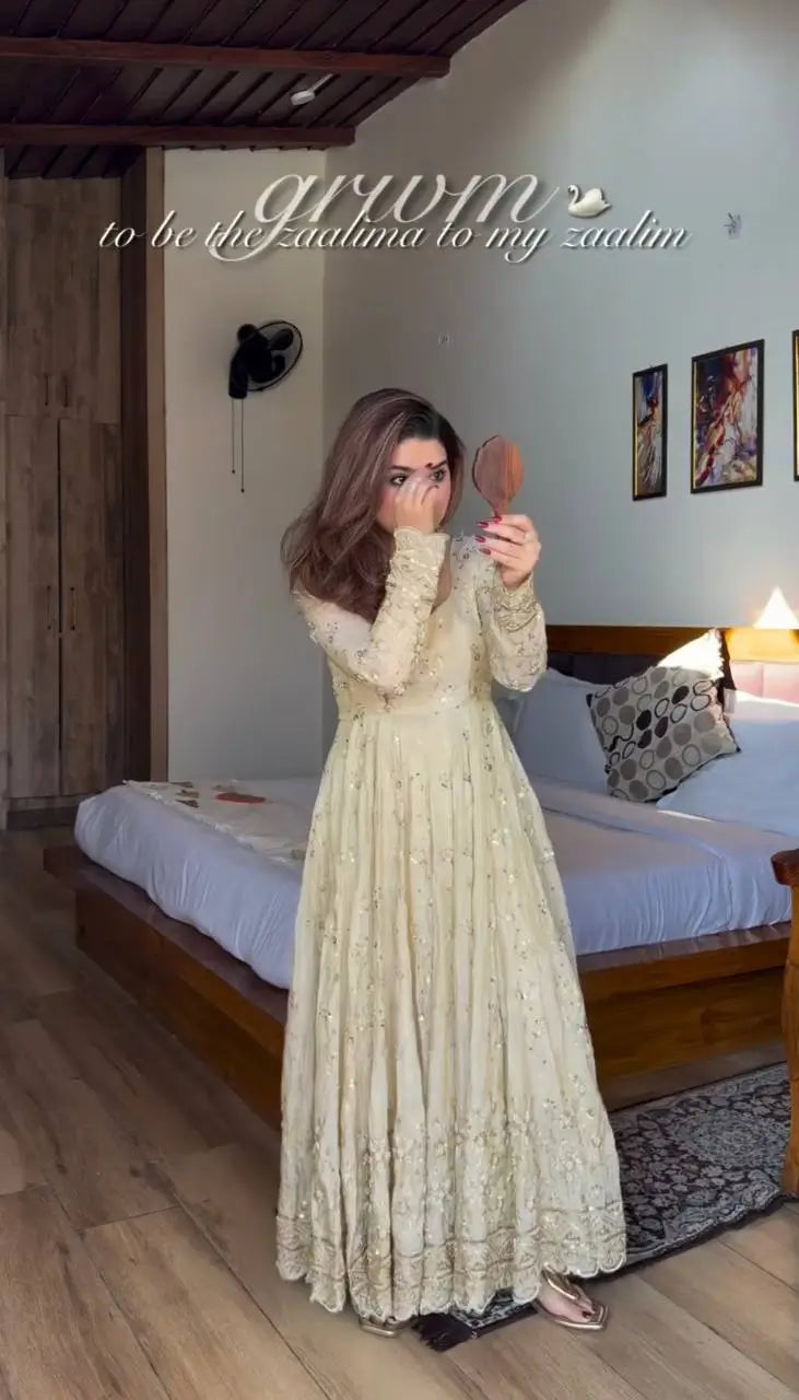 Cream Embroidered Crunchy Silk Anarkali Suit Set for Festive and Wedding Wear