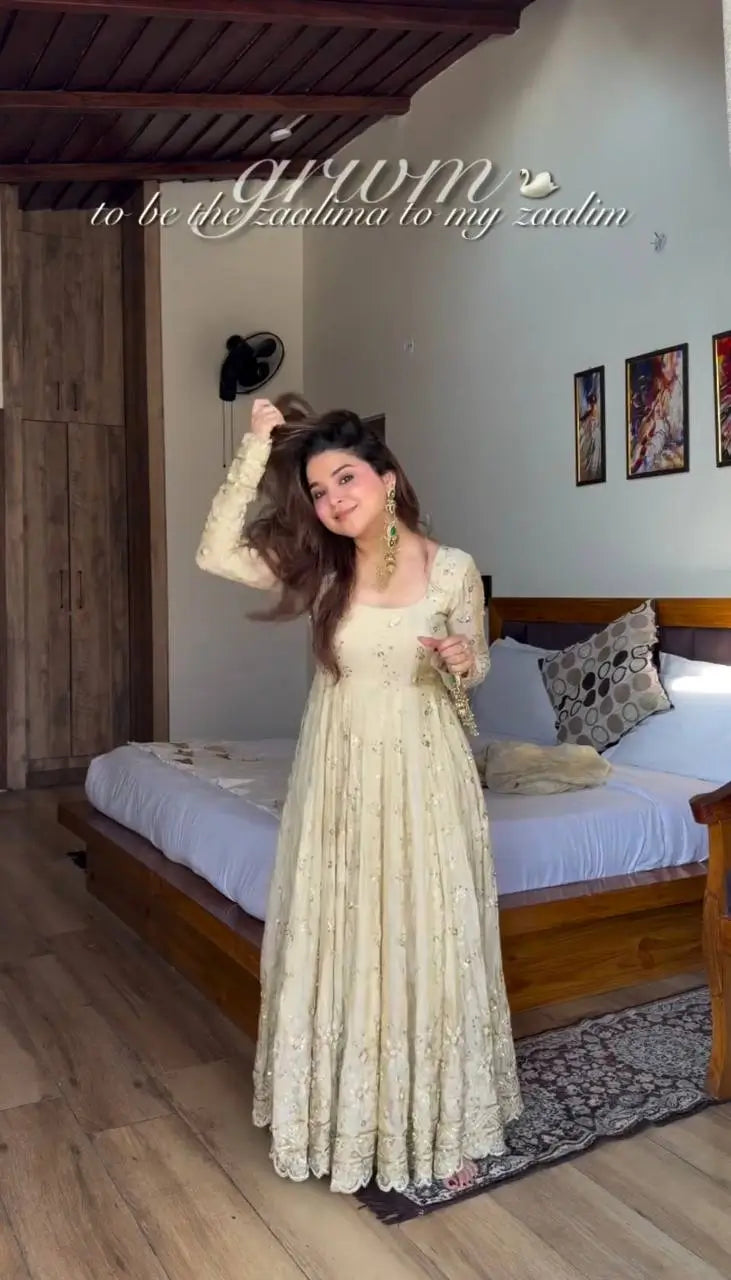 Cream Embroidered Crunchy Silk Anarkali Suit Set for Festive and Wedding Wear