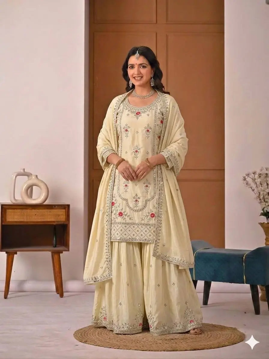Crepe Silk Mirror Embroidery Sharara Set